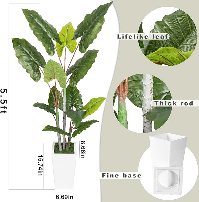 Artificial Plant Indoor 5.5FT - Fake Tree with White Tall Planter - Faux Silk Plants Tall Fake Floor Plant in Pot - Artificial Trees for Home Office Living Room Decor Indoor