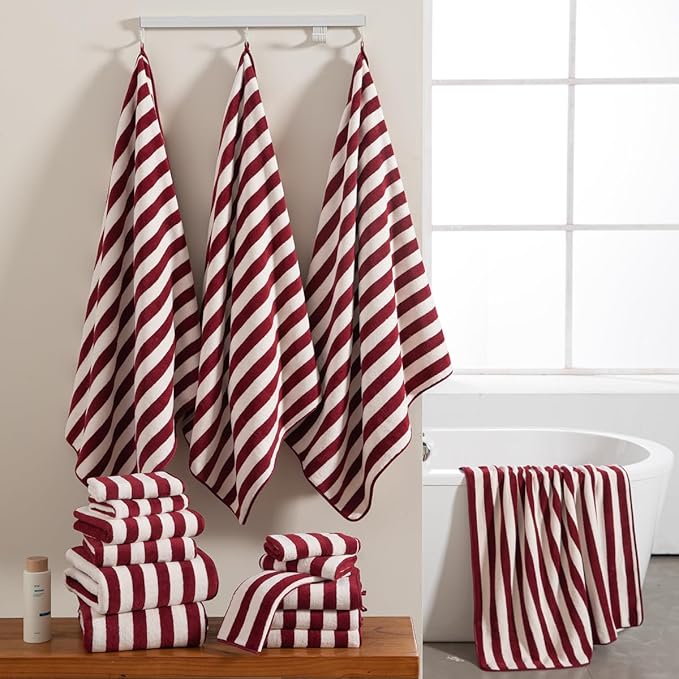 18 Pcs Red Cabana Stripe Family Towels Set with Hanging Loop-6 Bath Sheets,6 Hand Towels,6 Washcloths Ultra Soft Bathroom Towel Highly Absorbent Quick Dry Shower Towel for Beach Chair,Spa,Gym,Hotel