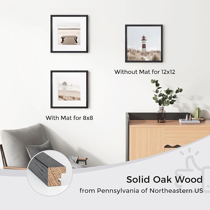 Axeman 12x12 Picture Frame with Mat for 8x8, Solid Oak Wood Square Picture Frame with Tempered Glass, Natural Wooden 12x12 inch Photo Frame for Wall Home Decor Art Photo and Prints, Set of 2, Black