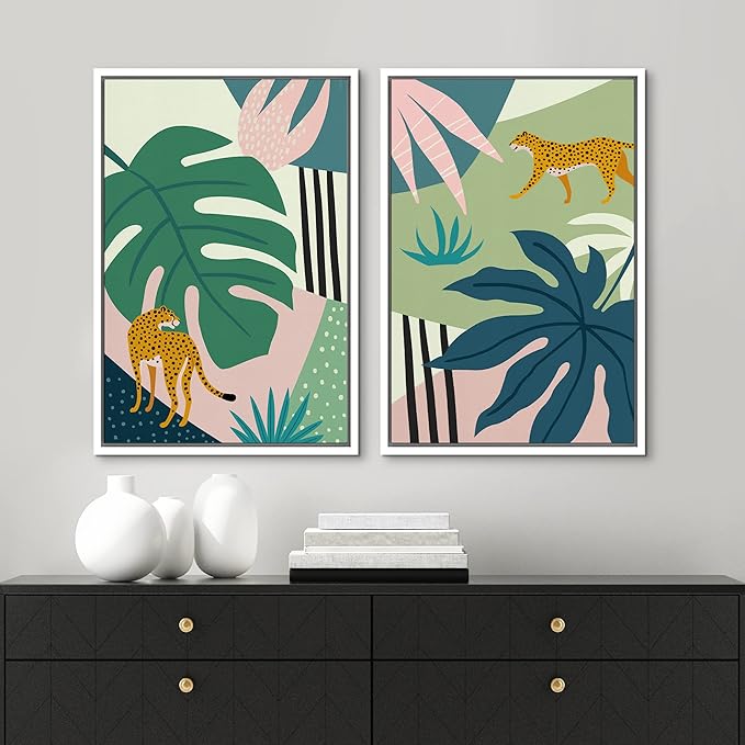 MUDECOR Framed Canvas Print Wall Art Jungle Cheetahs with Tropical Monstera Leaves Abstract Shapes Illustrations Modern Bohemian Nature Colorful for Living Room, Bedroom, Office - 16"x24"x2 White