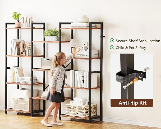 Casaottima Triple 4 Tier Bookshelf, Large Bookcase with 11 Open Display Shelves, Modern Industrial Book Shelves Book Case for Bedroom, Wide Standing Shelving Unit for Living Room Home Office, Vintage