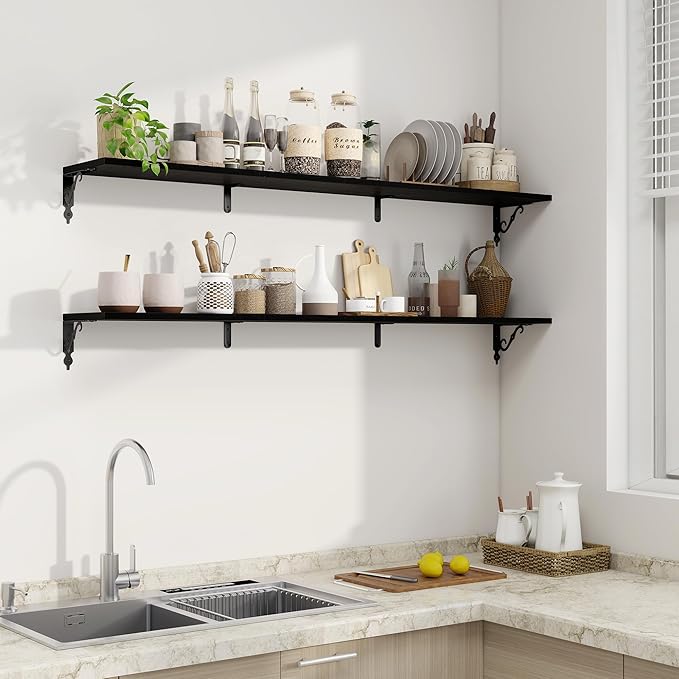 Fun Memories 55 Inch Floating Shelves, Long Floating Shelves Wall-Mounted, 8 Inch Deep Bookshelf with Bracket, 55" W x 8" D Shelves for Wall Display & Storage, Black, Set of 2