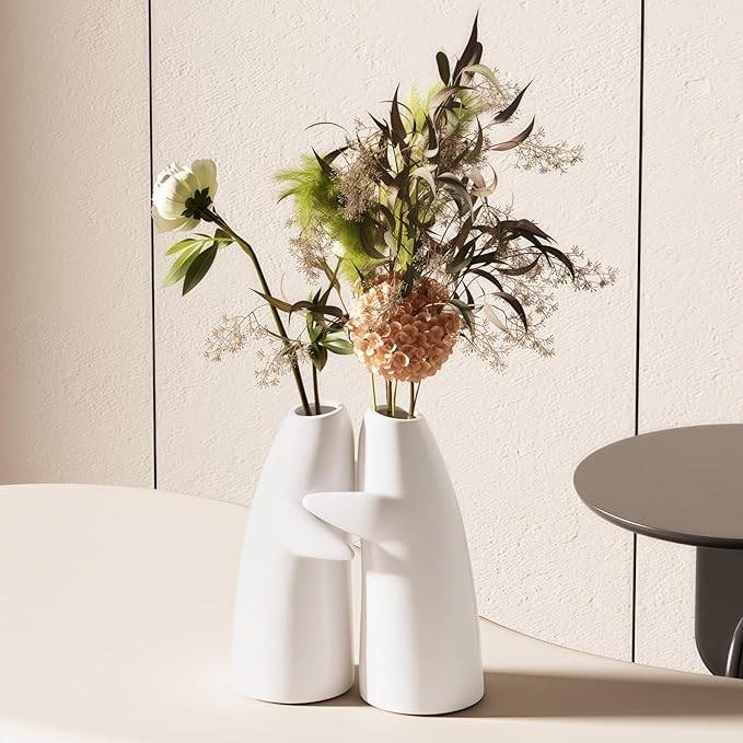 Hugging Flower Vases for Bouquet, 2 Pack White Ceramic Vases for for Centerpieces Home Decor Accents Terracotta Vase for Table Entryway Bookshelf Living Room