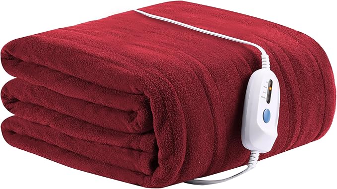 Electric Blanket 62"x84" Twin Size Soft Heated Blanket with 4 Levels of Heat ＆ 10 Hour Auto Off, Machine Washable - Wine Red