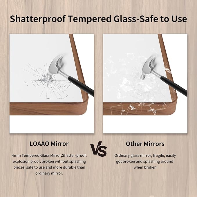 LOAAO 48X32 Inch Bathroom Mirror with Wood Grain Colored Metal Frame, Rounded Rectangle Metal Framed Bathroom Mirror, Anti-Rust, Hangs Horizontally or Vertically, Tempered Glass