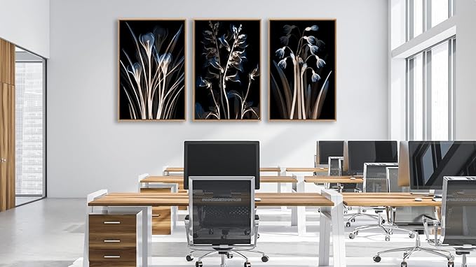 Large Modern Framed Wall Art - Natural Float Framed Blue Brown Flowers Black Canvas Pictures Decor Abstract Botanical Artwork for Living Room Bedroom Kitchen Home Office Decoration 60" X 28" Set of 3