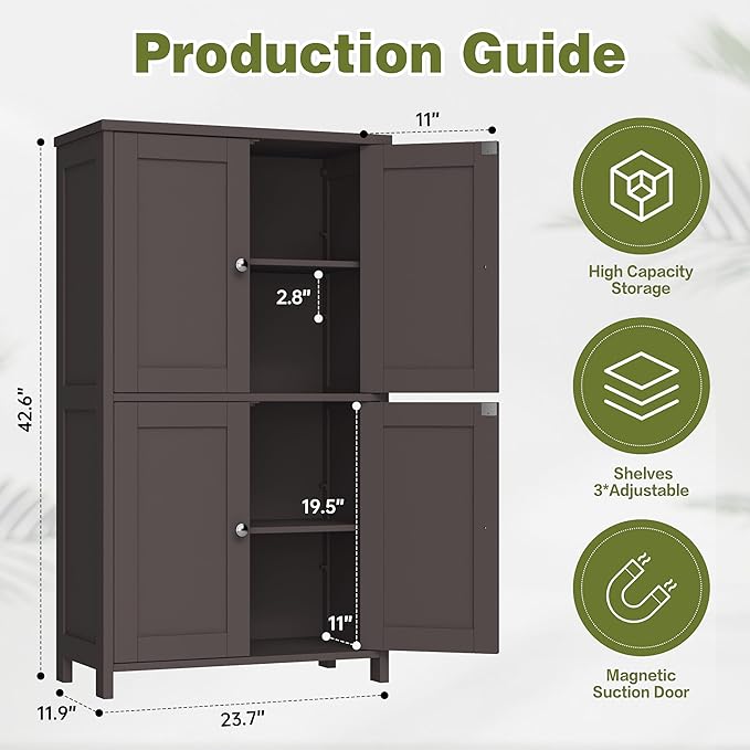 Nuturelly Bathroom Floor Storage Cabinet, Freestanding Pantry Cabinets with 4 Doors & 3 Adjustable Heights, Bathroom Organizers and Storage with Waterproof Board & Metal Handles for Kitchen, Brown