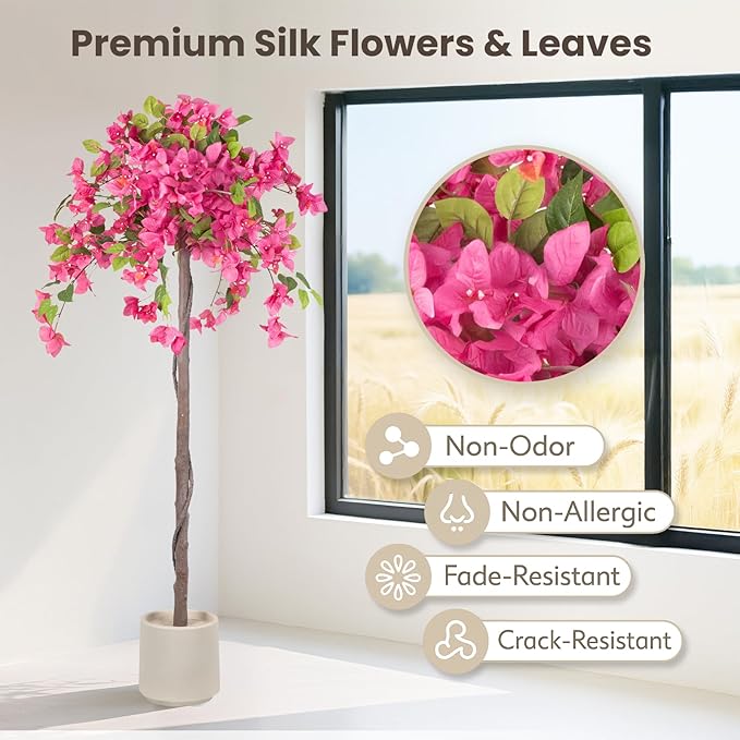 Romantic Season 4F Artificial Bougainvillea Tree, Faux Silk Bougainvillea Plant with Pot for Indoor Outdoor Decor, Tall Fake Tropical Tree for Home, Office, Patio, Balcony, Wedding Decoration