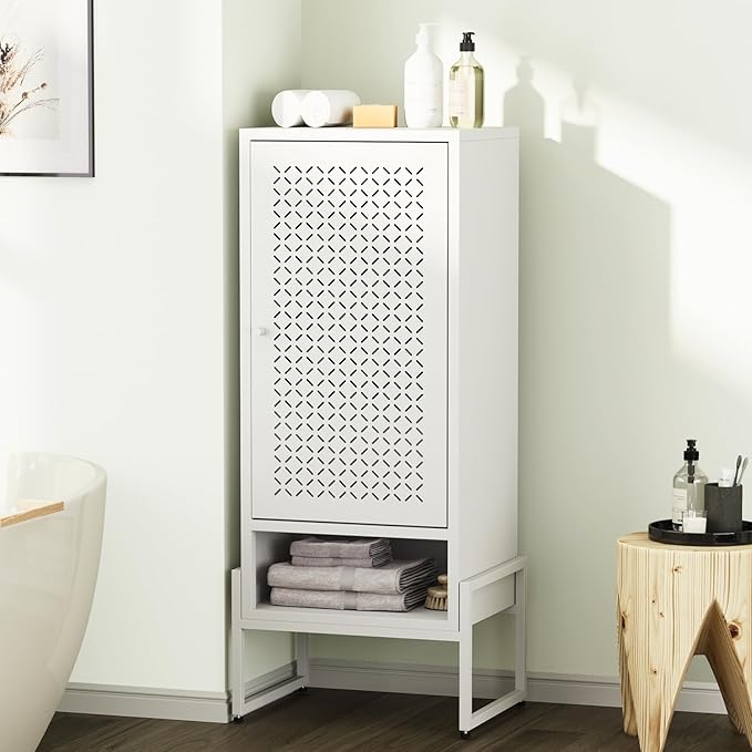LEYNOT Small Bathroom Storage Cabinet 42.51“H Metal Bathroom Floor Cabinet with Adjustable Shelves for Pantry，Kitchen, Home Office, Living Room, Dinning Room (White)