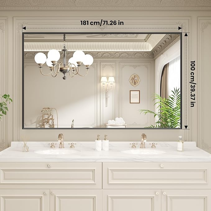 LOAAO Black Bathroom Mirror 72"X40" for Wall, Rectangle Bathroom Vanity Mirror, Tempered Glass, Hangs Vertically or Horizontally, Easy to Install, Modern Design