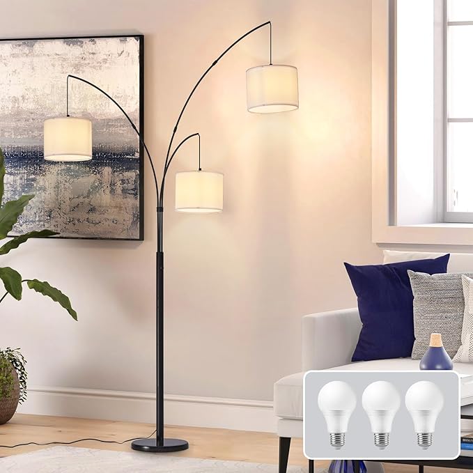 DLLT Modern Floor Lamp for Room: 3-Light Black Tree Dimmable Floor Lamps with White Shades for Living Room - Arc Standing Lamp for Bedroom - Tall Floor Lamp for Office Corner 3 LED Bulbs Included