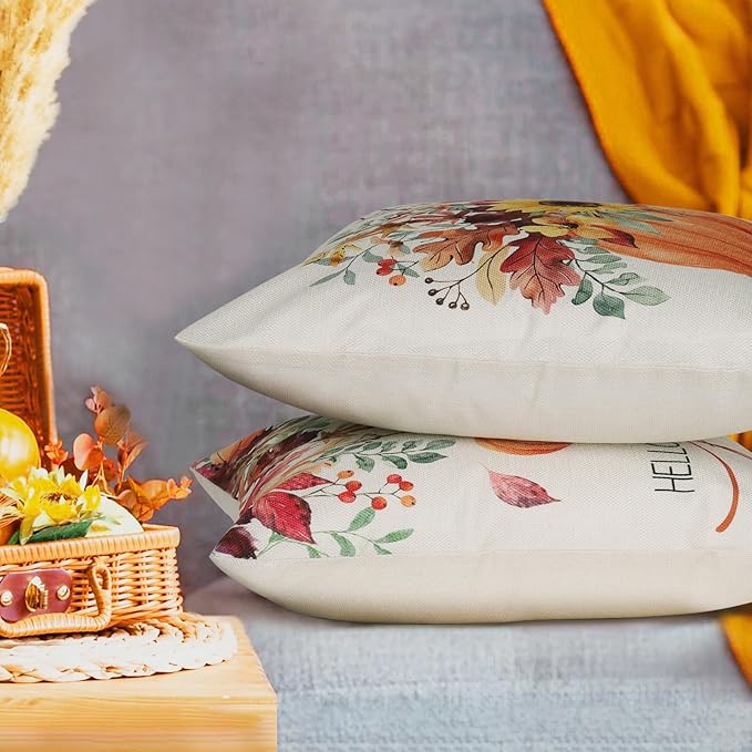 Hello Fall Pumpkin Pillows Decorative Throw Pillows Covers, 18x18 Inch Autumn Thankful Blessed Maple Leaf Harvest Floral Decorations for Sofa Couch Living Room Set of 4