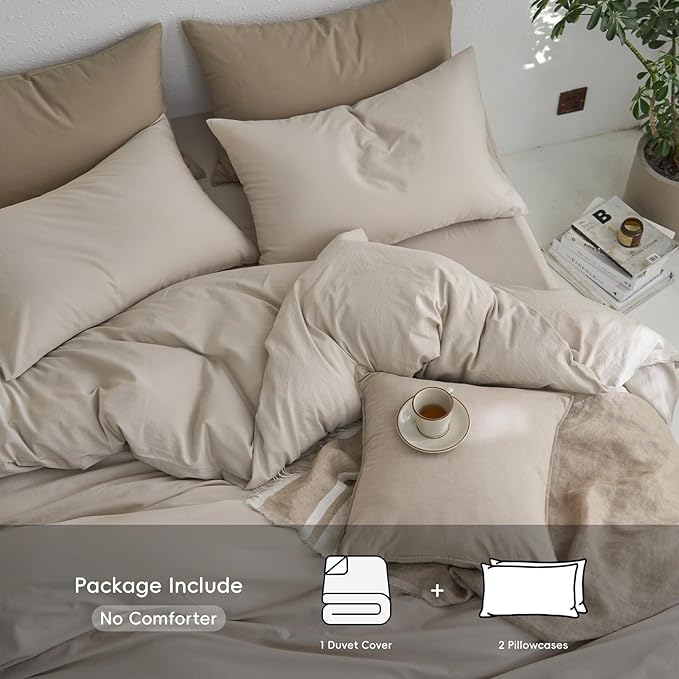MooMee Super Queen Duvet Cover Set, 100% Washed Cotton Linen Like Twill Thick Sturdy Material Super Soft Breathable Durable Bedding for All Season, 3 Pieces (Cream Grey, Super Queen 90"x98")