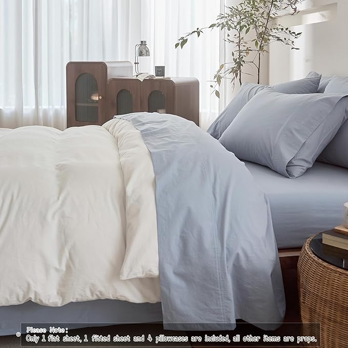 6PS Linen Like Bedding Sheet Sets Cornflower Blue Cotton Bedding Set Oeko-TEX Standard 100% Washed Cotton Deep Pocket King Size Fitted Sheet Plus Cozy Flat Sheet and 4 Pillowcases
