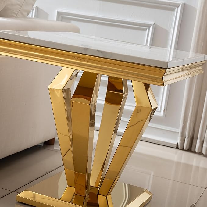 SSLine Modern White Faux Marble End Table Luxury Square Sofa Side Table with Gold Diamond Base Mid-Century Elegant Bedside Table w/Mirrored Stainless Steel Frame for Living Room Bedroom