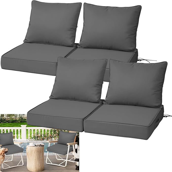 Waterproof Outdoor Chair Cushion Set of 4, 22x22x4 IN Deep Seat Patio Cushions with Fade Resistant Removable Cover,Outdoor Cushions for Patio Furniture with Ties&Handle for Chair Sofa Couch,Dark Gray