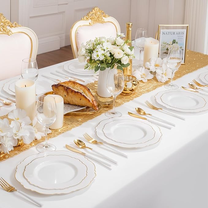 WDF 60pcs White and Gold Plastic Plates - Baroque White With Gold of 30 Heavy Duty Gold dinner plates 10.25inch, 30 Salad Plates 7.5inch Perfect for Weddings/Party/Birthday