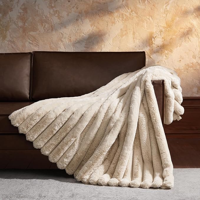 WDCOZY Faux Fur Throw Blanket Striped Super Soft Cozy Fluffy Luxurious Blankets Couch Bed Sofa Chair Home Decor Warm Furry Fall Winter Plush Lightweight Rabbit Fur Bubble Blanket 60" x 80", Beige