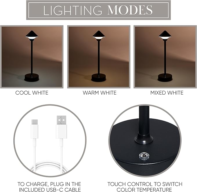 Camden Reed Table Lamp, Desk lamp, 3 Different Lighting Modes, Modern Minimal Design for Dinner/Coffee Table/Restaurant/Bedroom, Cone Black