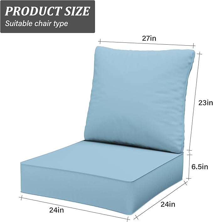 Outdoor Seat Cushion Set 24 x 24 x6.5 Inch Splash-Proof & Fade Resistant Patio Furniture Cushions with Removable Cover Deep Seat & Back Cushion with Straps for Chair Sofa Couch