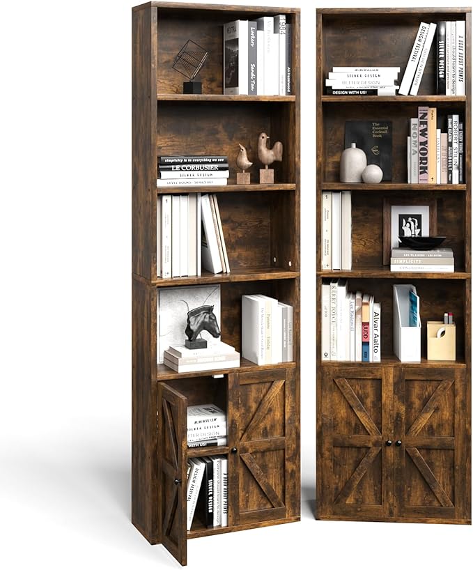 Tall Bookshelf Set of 2, 6 Tier Floor Standing Bookcase with Two Hinged Doors, Storage Organizer Display Shelves, Modern Corner Bookshelf Storage Cabinet for Living Room, Office, Brown