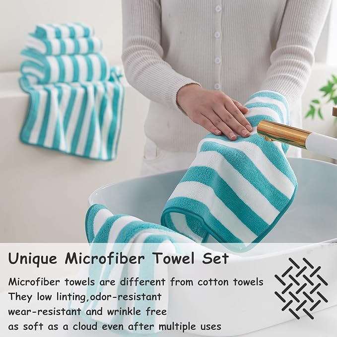 18 Pcs Turquoise Cabana Stripe Family Towels Set with Hanging Loop-6 Bath Sheets,6 Hand Towels,6 Washcloths Soft Bathroom Towel Highly Absorbent Quick Dry Shower Towel for Beach Chair,Spa,Gym,Hotel