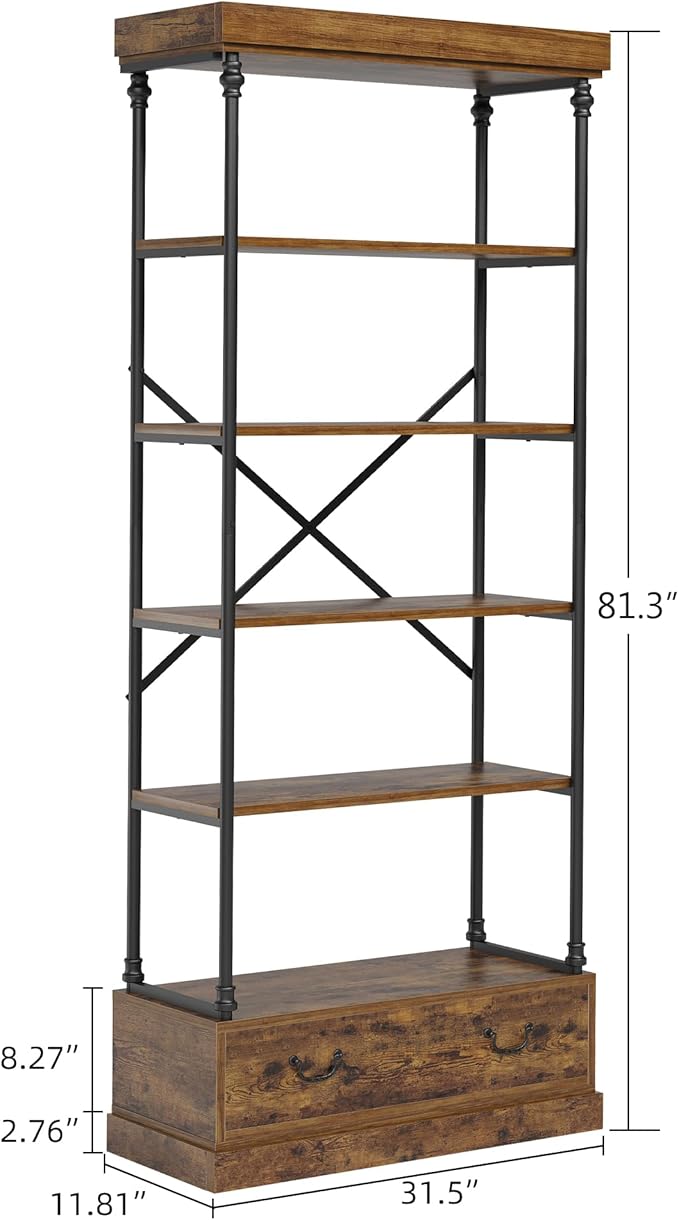 GarveeHome 81.3" Bookshelf with Storage Drawer, Tall Bookcase w/Metal Frame, 5 Tier Vintage Bookshelf Industry Display Storage Shelf for Office Living Room Library Bedroom