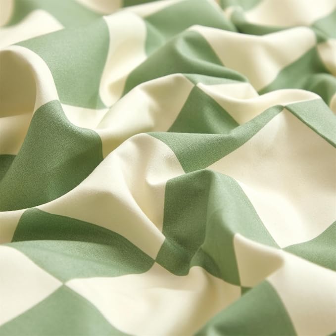 CLOTHKNOW Green White Plaid Comforter Set King 3Pcs Grid Bedding Comforter Sets All Season Checkerboard Comforter with 2 x Pillow Cases