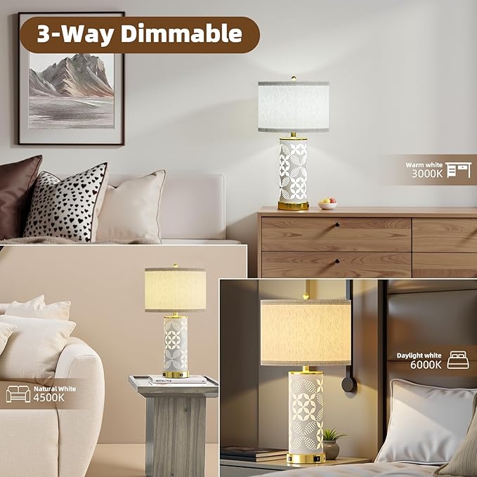 22'' Modern Ceramic Table Lamps Set of 2, Bedside Lamps with Hollow-Out Ceramic Design,USB A+C & 3 Color Temperature, Lamps for Night Stands with Night Light for Living Room and Bedroom(with 2 Bulbs)