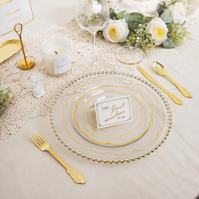 NOCCUR 50Guest Gold Rim Clear Plastic Plates&Disposable Silverware Cups-Include 100Plastic Plates, 150Gold Utensils, 50Cups and 50Napkins-Idea for Wedding&Party