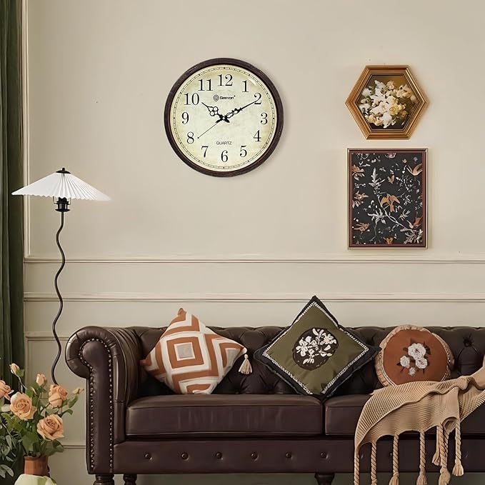 Geevon Vintage Brown Wall Clock, Silent 16" Non Ticking Wall Clock Battery Operated Retro Rustic Style Round Clock Decorative for Kitchen,Classroom,Bedroom,Living Room Decor