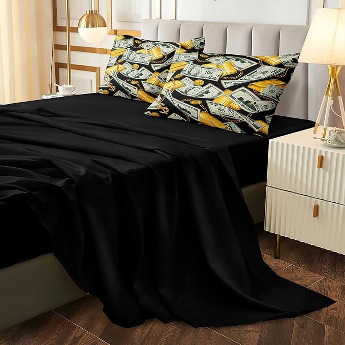 Bedorm Dollar Comforter Sets Black Gold Bedding Queen Size Bed in A Bag Money Gold Bar Pattern Rich Bedding Comforter Sets American Vintage Bed Sets