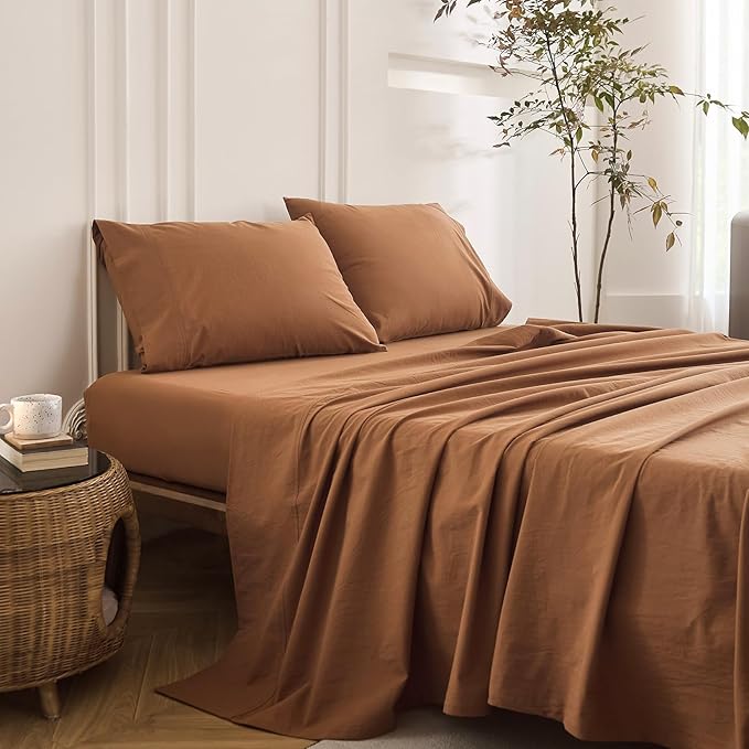 6PS Linen Like Bedding Sheet Sets Deep Orange King Size Cotton Bedding Set Oeko-TEX Standard 100% Washed Cotton Deep Pocket King Size Fitted Sheet Plus Cozy Flat Sheet and 4 Pillowcases