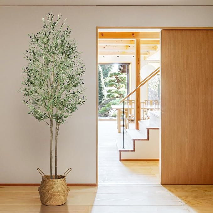 Artificial Olive Tree 7FT Tall Faux Silk Plant(84" in), Indoor Fake Olive Tree with Natural Wood Trunk & Lifelike Fruits, Perfect for Modern Home Office Living Room Floor Decor, 7 FT