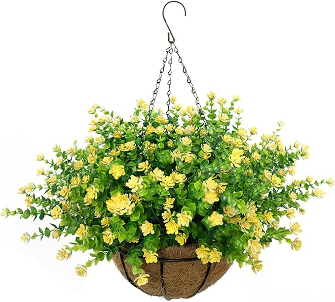 Artificial Hanging Flowers Basket, 12 UV-Resistant Bundles of Realistic Fake Flowers, Faux Plants for Outdoor Decor, Home, Garden, Porch, Patio, Spring & Summer Decorations, Yellow