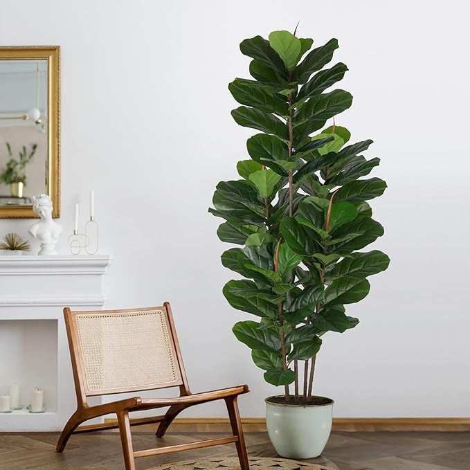 Faux Fiddle Leaf Fig Tree 6 FT - Artificial Ficus Tree with Tall Artificial Plants 69 Fiddle Leaves Greenery - Lifelike Fake Tree for Home Decor Living Room Indoor Outdoor