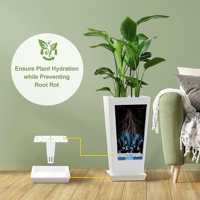Elevens Set of 2 Tall Outdoor Planters 20 Inch, Large Planters for Indoor Outdoor Plants, Tapered Square Flower Pots with Tray for Patio, White