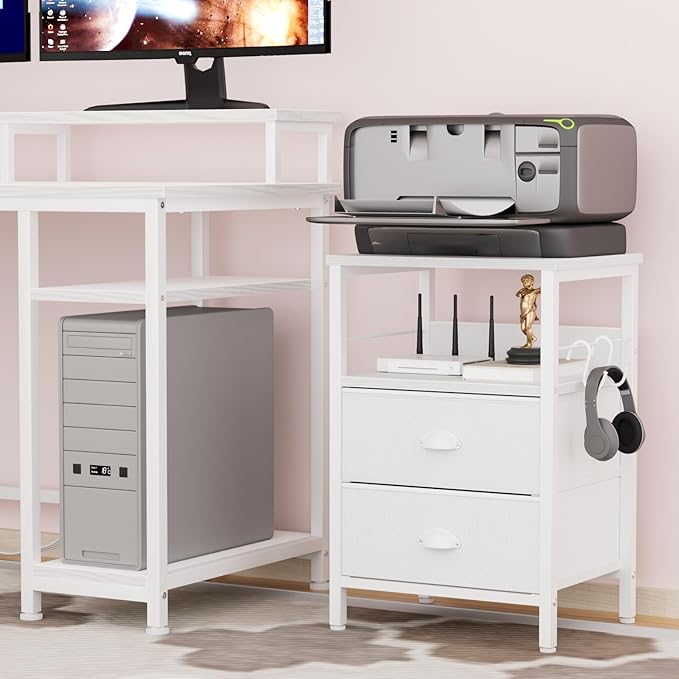 Furologee Nightstand with 2 Fabric Drawers, White Bedside Table with 2-Tier Shelf, Side Table with Hooks and Wood Top for Bedroom/Living Room/Hallway/White