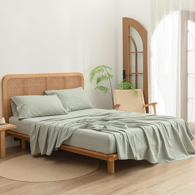 BESTOUCH Sheet Set 100% Washed Cotton Linen Feel Super Soft Comfortable Chic Lightweight 4 Pcs Home Bedding Set Solid Sage Green Queen