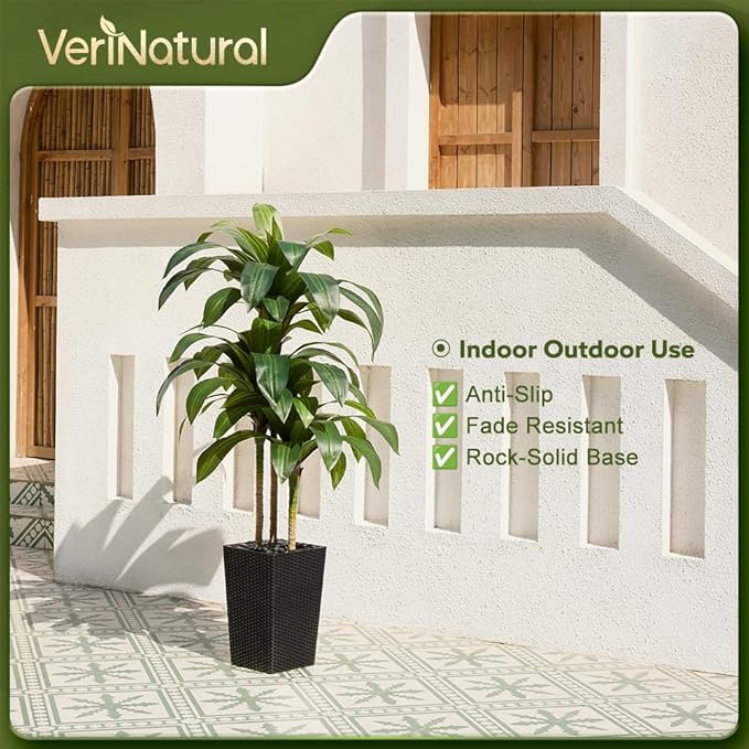 5FT Artificial Dracaena Tree - UV Resistant Faux Tropical Plant, Potted Fake Tree with Taper Planter & Pebbles - Indoor Outdoor Greenery for Home, Porch, Living Room, Bedroom Decor, VN127