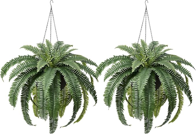 48" Artificial Boston Fern Hanging Plants with Basket - UV Resistant Fake Plant for Outdoor Indoor - Large Realistic Faux Greenery for Front Porch, Front Door, Patio Decor, Set of 2, VN142