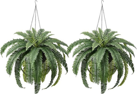 48" Artificial Boston Fern Hanging Plants with Basket - UV Resistant Fake Plant for Outdoor Indoor - Large Realistic Faux Greenery for Front Porch, Front Door, Patio Decor, Set of 2, VN142