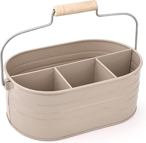 Alpha Living Home Multi-Functional Utensil Caddy – 4-Compartment Organizer for Kitchen, Party & Office – Durable Beige Powder-Coated Iron Alloy with Wooden Handle