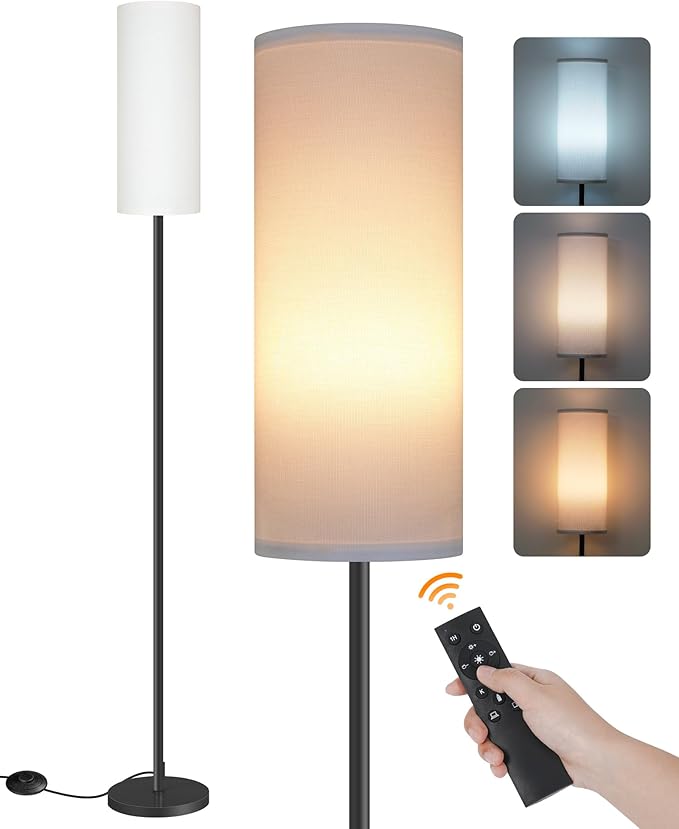 Dimmable Floor Lamp for Living Room with Remote and Foot Switch, Corner Floor Lamp, Modern Standing Tall Lamp, 10W 900LM LED Bulb Included, 3000K-6500K, Linen Shade, Weighted, FCC Listed CW06LD05W1