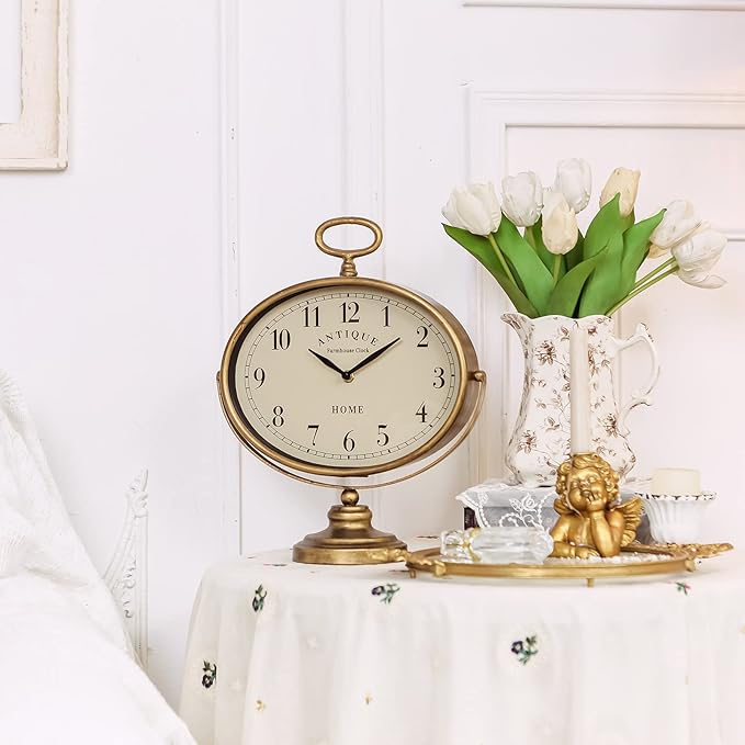 NIKKY HOME Antique Table Clock, Gold Retro Desk Clock with Silent-Non-Ticking Battery Operated Rustic Desk Clock for Living Room, Tabletop, Countertop