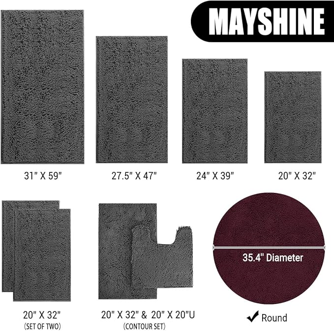 MAYSHINE Round Bath Mat Non-Slip Chenille 3 Feet Shaggy Bathroom Rugs Extra Soft and Absorbent Perfect Plush Carpet for Living Room Bedroom, Machine Wash/Dry-Burgundy