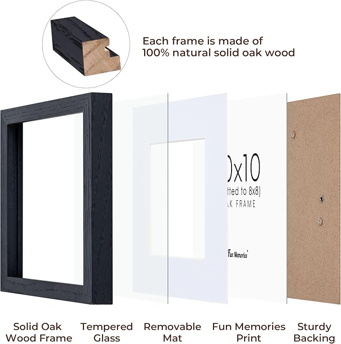 10x10 Picture Frame Set of 2, Solid Oak Wood Frame 10 x 10, 10 by 10 Wood Frames for Wall, 10x10 Picture Frame with Mat for 8x8, Square 10"x10" Photo Frames Real Glass, Black Color, 2 Pack