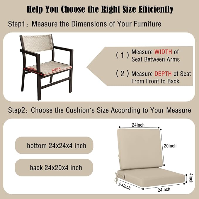idee-home Outdoor Cushions for Patio Furniture, Outdoor Seat Cushion, Waterproof Couch Hampton Bay Deep Seat Replacement Chair Cushions for Garden Lawn Backyard Deck, 24 x 24 Beige
