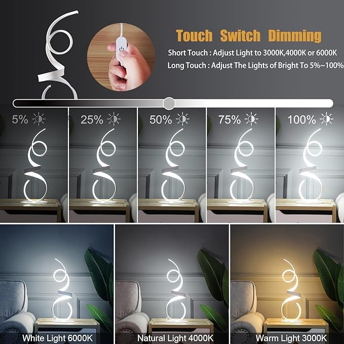 20W 2700LM 3 Colors Dimmable LED Art Table Lamp 21.4 Inch with Touch Switch for Living Room,Bedroom (White)