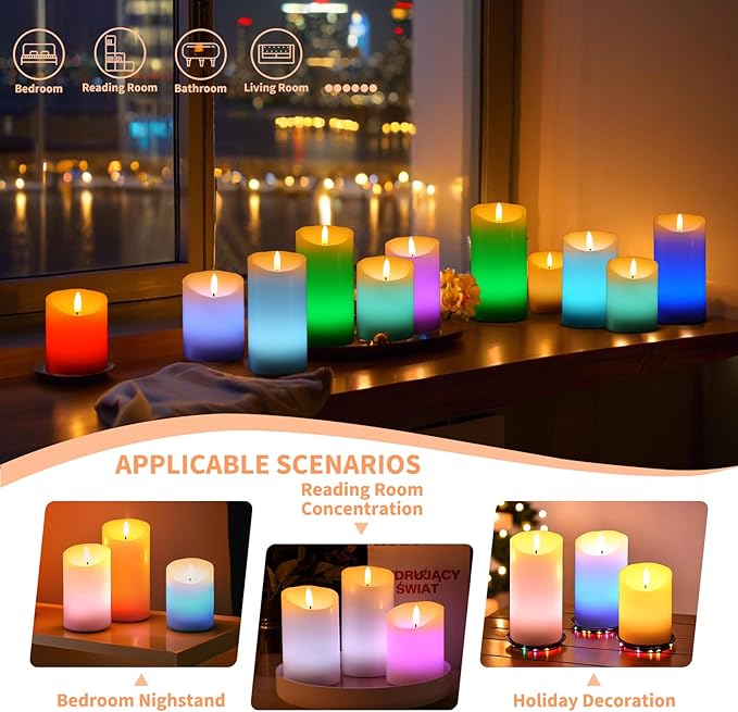 NICEME 3PCS LED Multi Colored Flameless Candles Battery Operated Flickering Flame Color Changing Candles with Remote Control Real Wax Electric Fake Candles, D3” x H4” 5" 6"